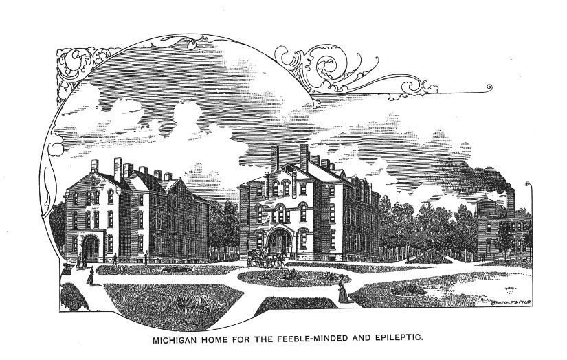 Engraving from the Oakdale Biennial Report in 1896. Caption reads: "Michigan home for the feeble-minded and epileptic." Features Cottages A & B and the Dining Hall of the campus.