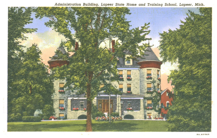 Rendering of the Administration Building, also known as The Castle. Caption reads: "Administration Building, Lapeer State Home and Training School, Lapeer, Mich."