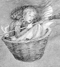 drawing depicting the rhyme: "There was an old lady tossed up in a basket..." 