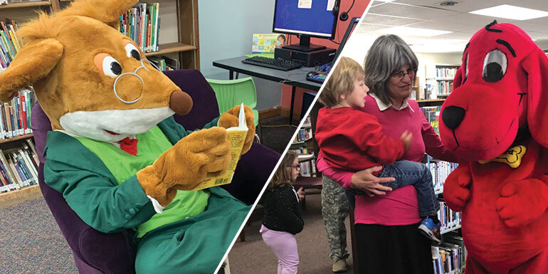 Storytimes header Photo collage of two images: one showing a person in a mouse costume reading a storybook and the other of a librarian holding a child next to someone in a Clifford the big red dog costume