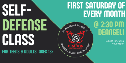 self- defense class first saturday of  every month Sponsored & taught by Dragon Martial Arts in Lapeer. @ 2:30 PM  deangeli Except for July & November. for teens & Adults, ages 13+