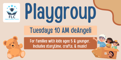 For families with kids ages 5 & younger.  Includes storytime, crafts, & music!  Playgroup Tuesdays 10 AM deAngeli
