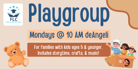 For families with kids ages 5 & younger.  Includes storytime, crafts, & music!  Playgroup Mondays @ 10 AM deAngeli